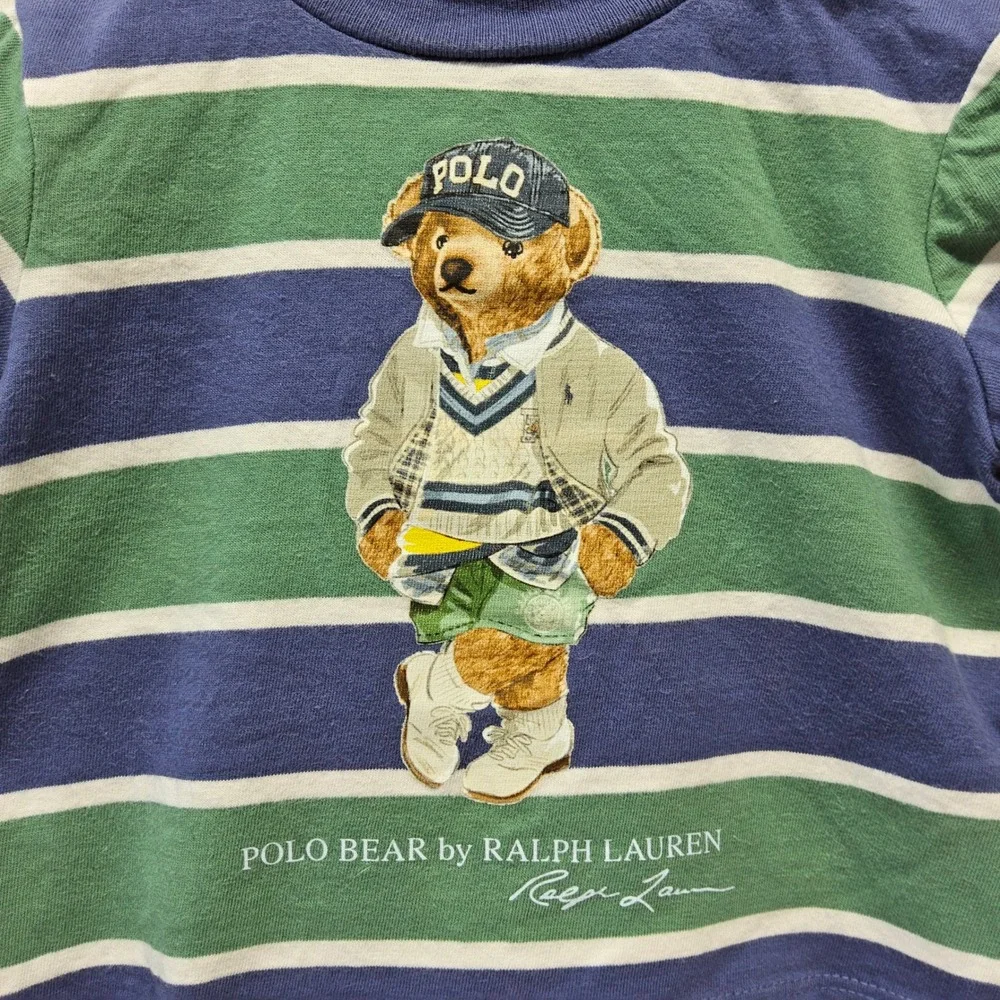 Ralph Lauren Polo Bear T-Shirt Baby 3M Blue Green Striped Short Sleeve Snaps
